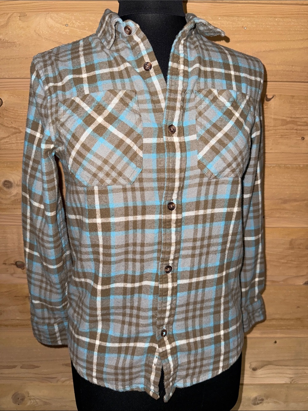 Flannel button front plaid shirt blue/brown/white bonfire/campfire/summer nights